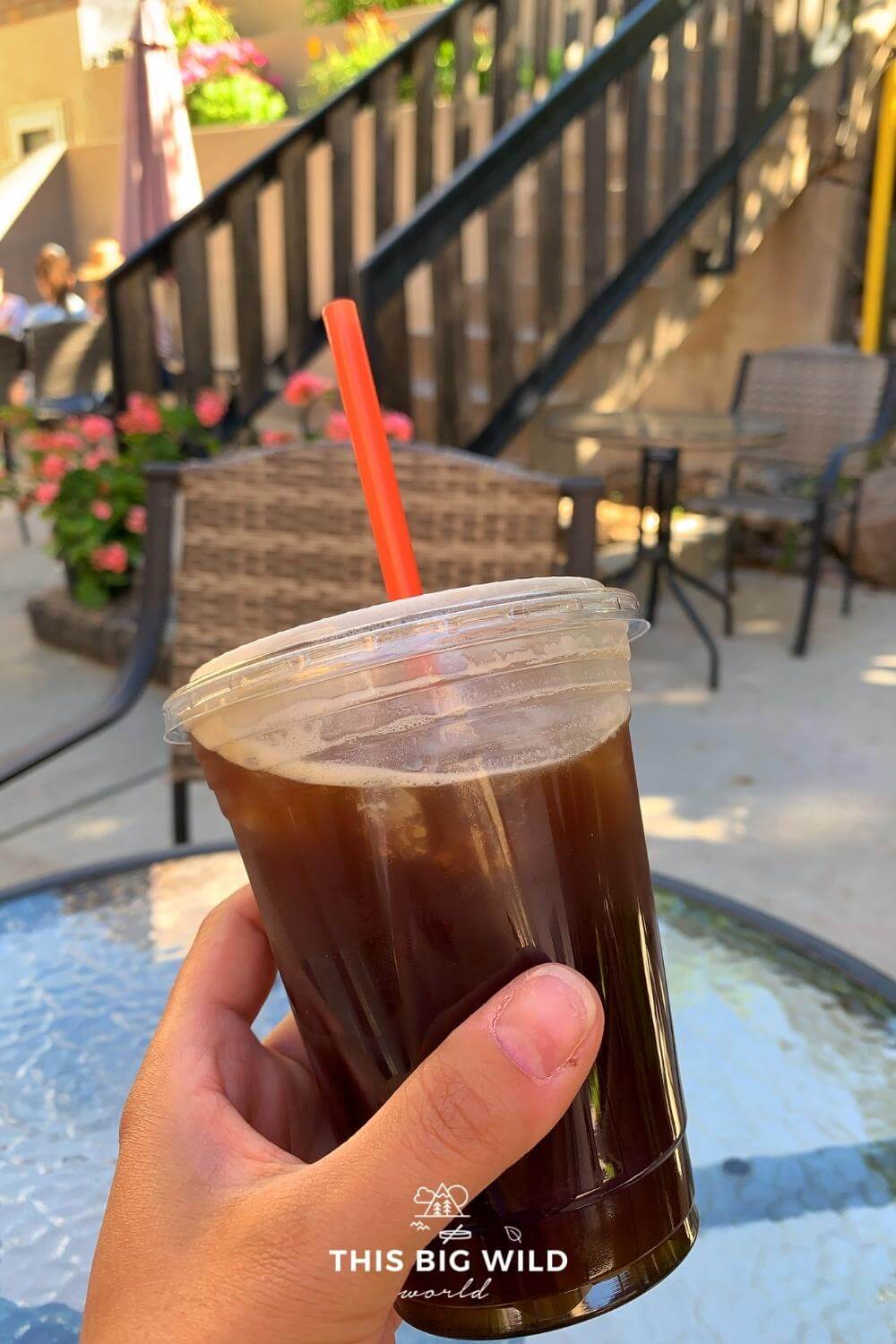 An iced coffee on the back patio of Lingonberry's Pastry Shop