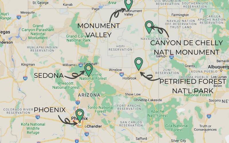 4 Day Arizona road trip from Phoenix to Monument Valley overview map.