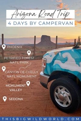 Colorfully painted campervan at sunset in Monument Valley