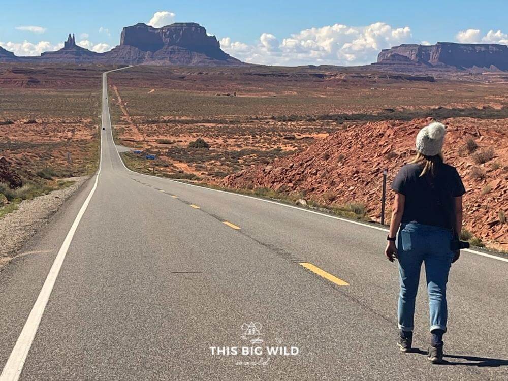 Me walking along the stretch of highway from Forrest Gump in Monument Valley.