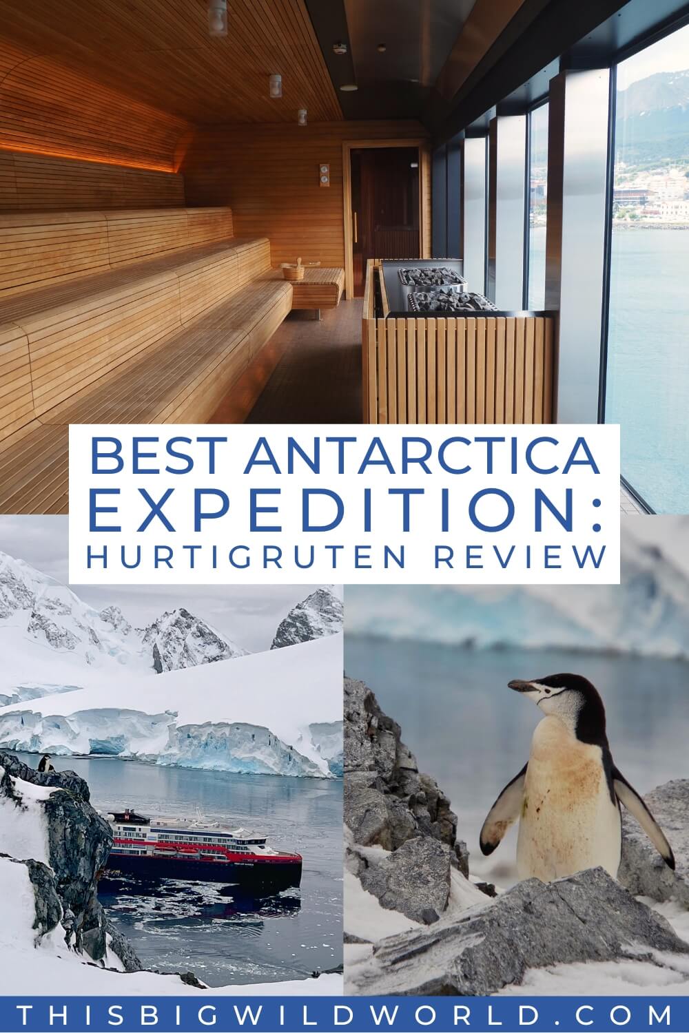 Photos from an Antarctica expedition including a sauna, the cruise ship and a penguin.
