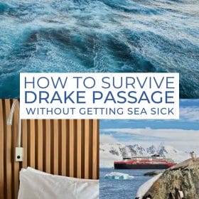 Images of large waves and stormy sky on the Drake Passage, a bed on board an Antarctica expedition, and a ship in a harbor in Antarctica.