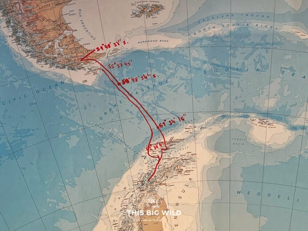Map showing the Drake Passage between South America and the Antarctic Peninsula.