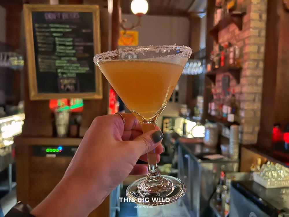 Martini at Dining Car 423 inside a renovated historic train station.