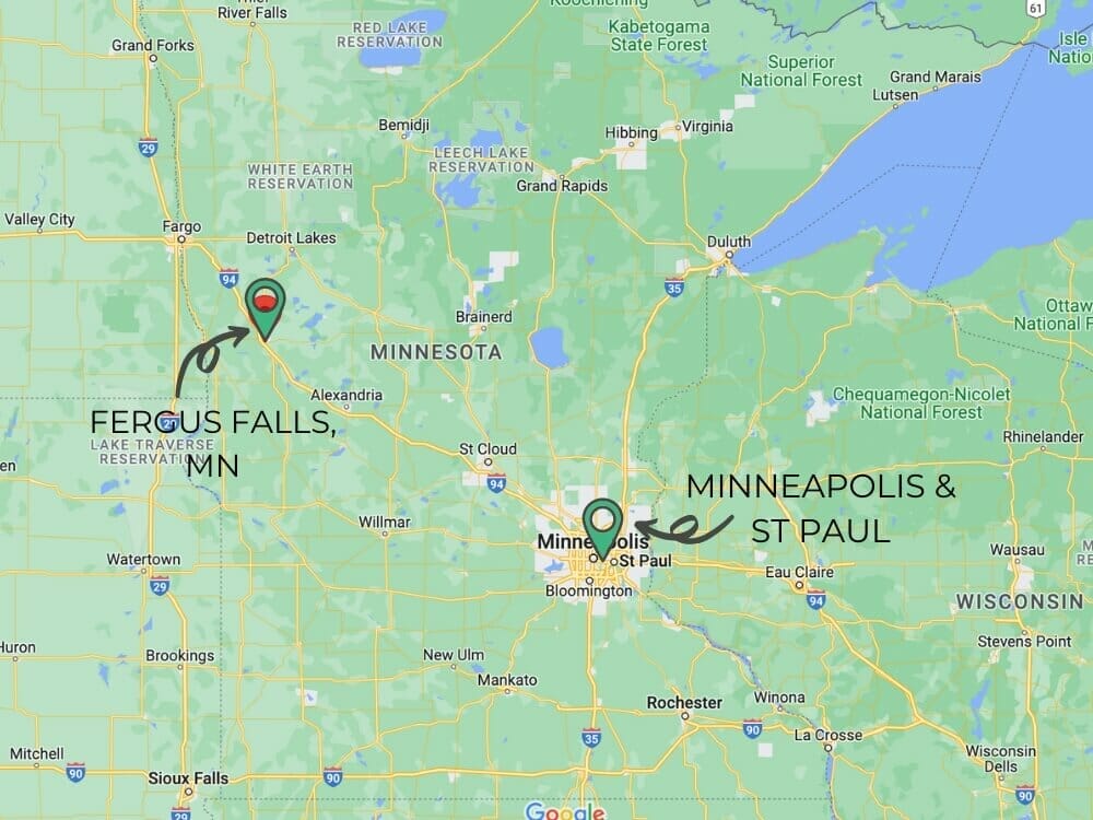 Overview map showing Fergus Falls northwest of the Twin Cities in Minnesota.