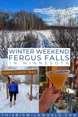 Cross country ski trail on a small lake, me in front of the North Country Trail trailhead and a martini in a historic train station.
