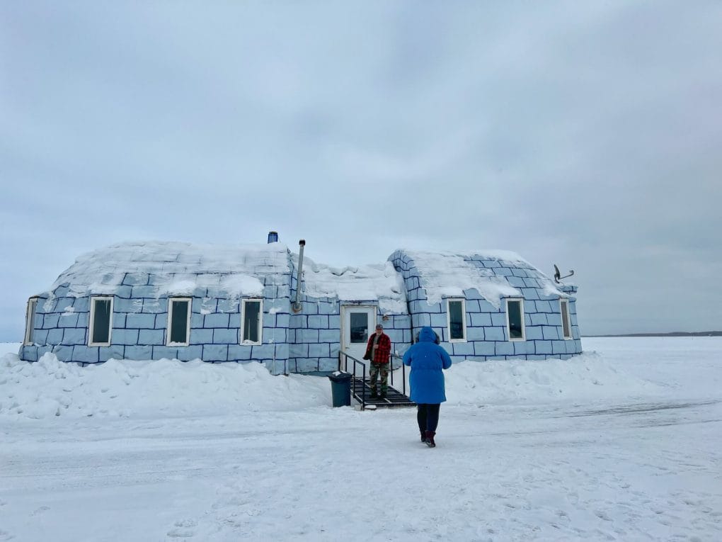 Igloo Bar is shaped like an igloo in the middle of a frozen Lake of the Woods in Minnesota.