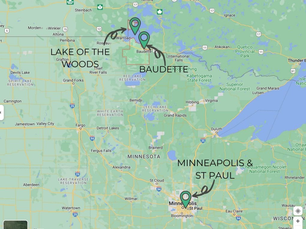 Lake of the Woods is located in northern Minnesota along the Canadian border.