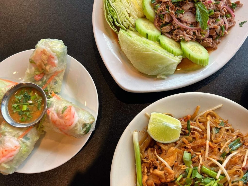 Fresh spring rolls, beef larb and pad thai at Arroy Thai and Filipino Restaurant in St Cloud.
