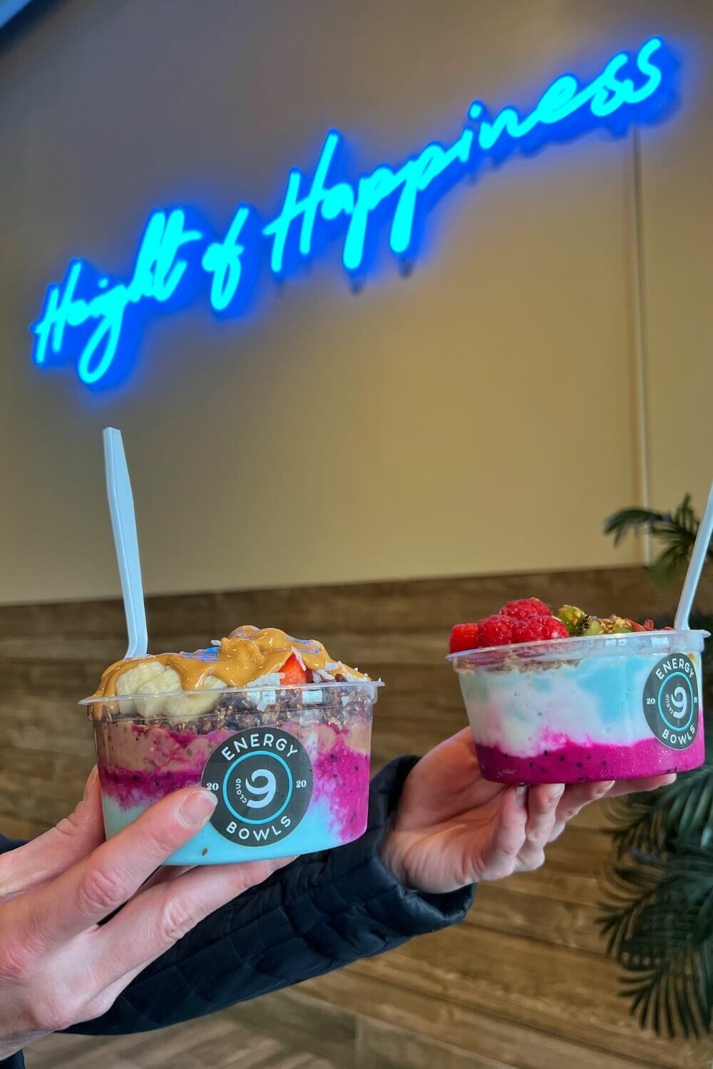 Two energy bowls held up in front of a sign that says "height of happiness"