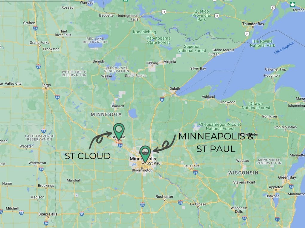 Overview map showing St Cloud MN northwest of the Twin Cities in central Minnesota.