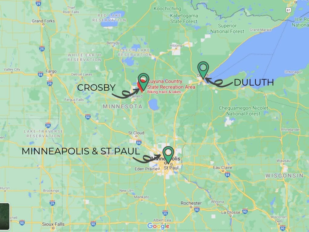 Map showing Crosby in central Minnesota, west of Duluth and north of the Twin Cities.