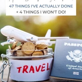 Text: How to save money for travel Image: Toy plane, jar of coins and passport on a wood table.