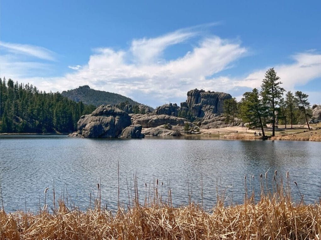 Rock formations along the lakeshore on the Sylvan Lake Trail in Custer State Park.