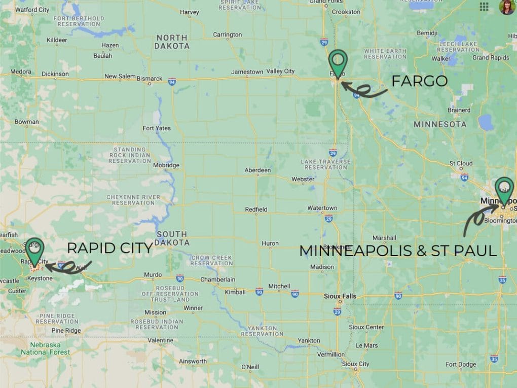 Overview map showing Rapid City, Minneapolis and Fargo.