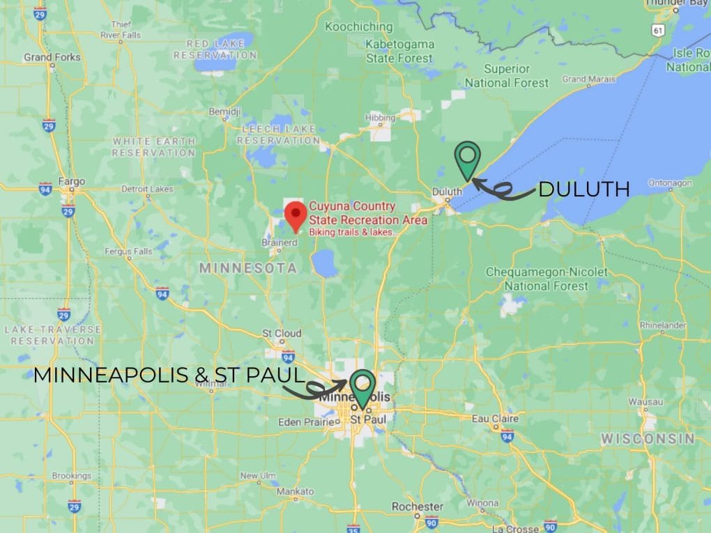 Overview map showing Duluth relative to Minneapolis and St Paul.