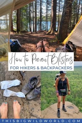 Photo of feet stretched out from inside a tent, a woman with backpacking gear standing on an overlook, and hiking boots and socks on a rock.