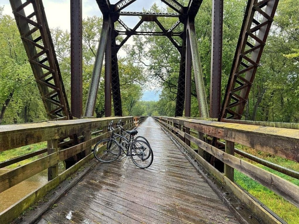 Two bikes on a bridge along the Great River State Trail near La Crosse Wisconsin.