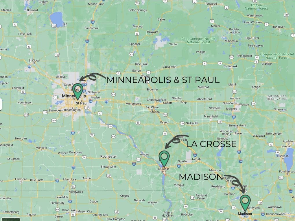 Overview map showing La Crosse Wisconsin relative to Minneapolis/ St Paul and Madison.