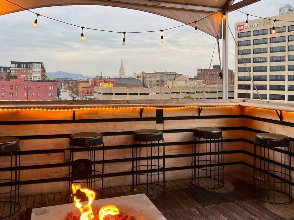 View of historic downtown La Crosse from The Rooftop Terrace at The Charmant Hotel.